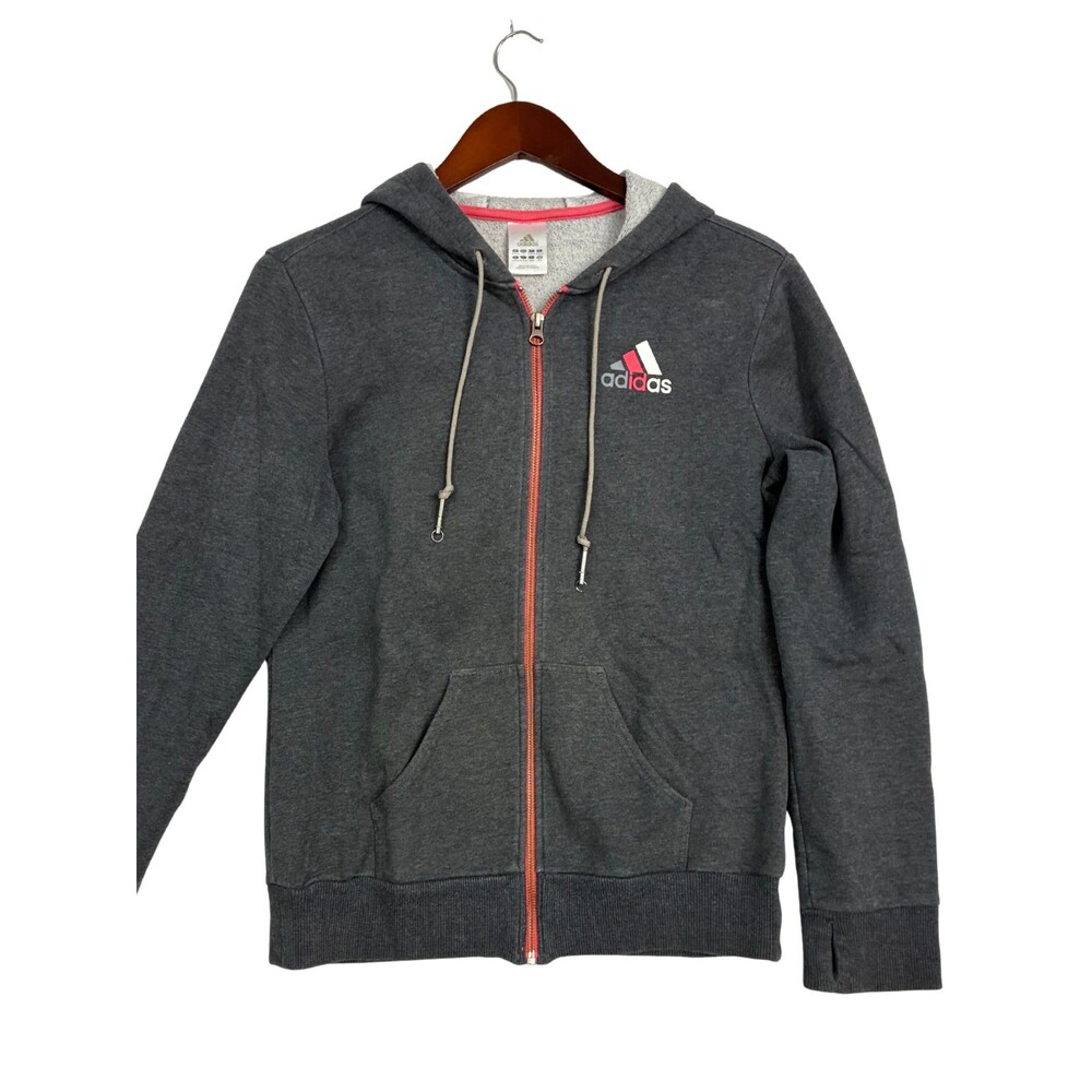 Adidas Women's Medium Gray Full Zip Fleece Hoodie Pink Logo Thumbholes